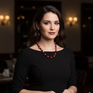 Elegante juego de collar y aretes rojo con negro de cristal y perlas